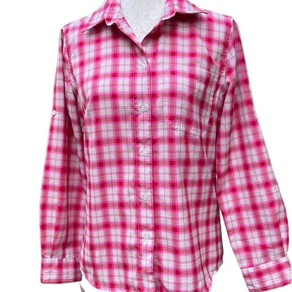 Odlo Pink Plaid Button Down Rugged Top Blouse Shirt Designed for Layering Size S - Picture 1 of 13